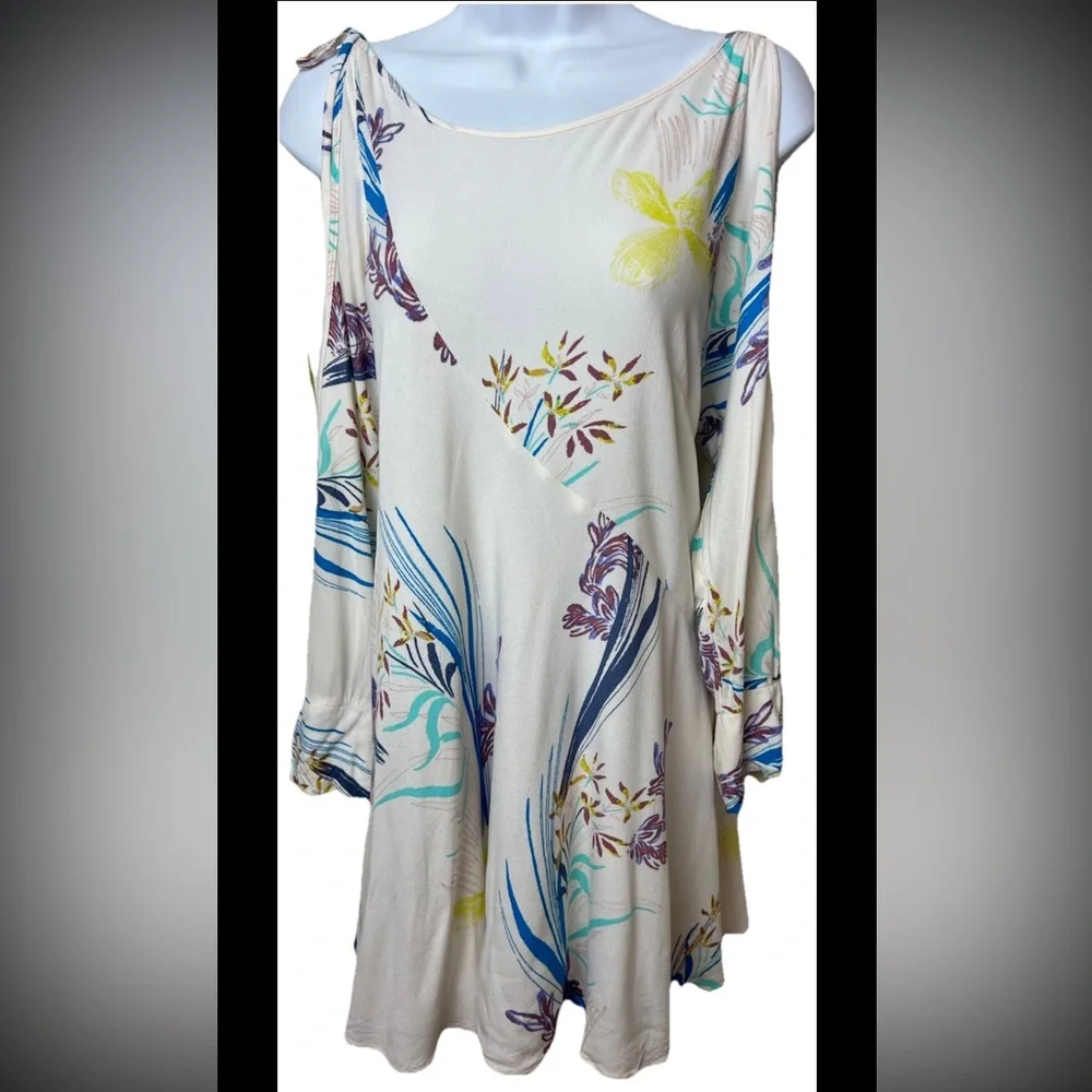 FREE PEOPLE Clear Skies Printed Tunic Dress Boho Cold Shoulder White Pastel